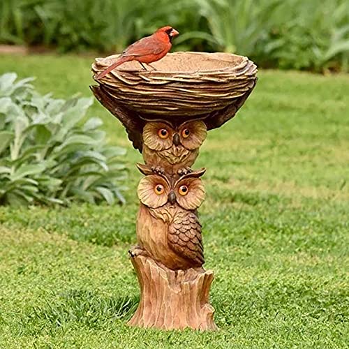 OwlStyle Bird Bath Outdoor Bird Feeder with Tree Stump On The Outside Garden Lawn Paddock Decoration Yard Decor Garden Statue Owl Statue for Outdoors Bird Bath Drinking Fountain Ornaments