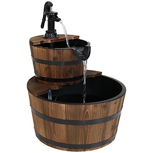 Sunnydaze Country Wood Barrel Water Fountain  2Tier Waterfall Fountain  Backyard Water Feature with Hand Pump  23 Inch Tall