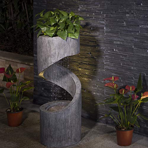 Glitzhome Patio Fountain Waterfall Decorative Tiered Outdoor Water Fountain with LED Light Curved Waterfall Fountain with Stone Planter Patio Water Fountain Garden Waterfall 313H