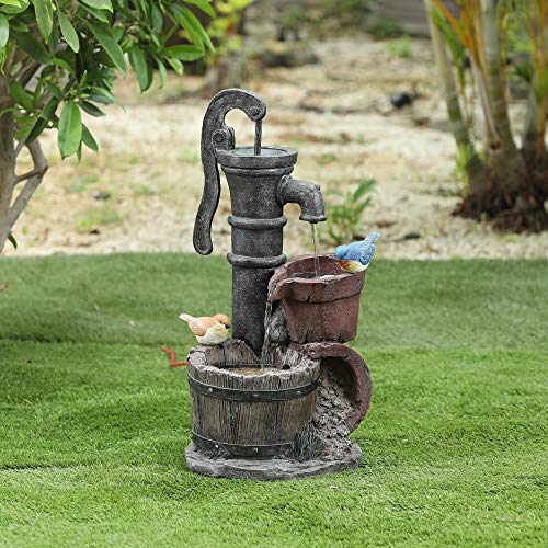 MISC Cement Whiskey Barrels and Water Pump Outdoor Patio Fountain Blue Brown Farmhouse Stone