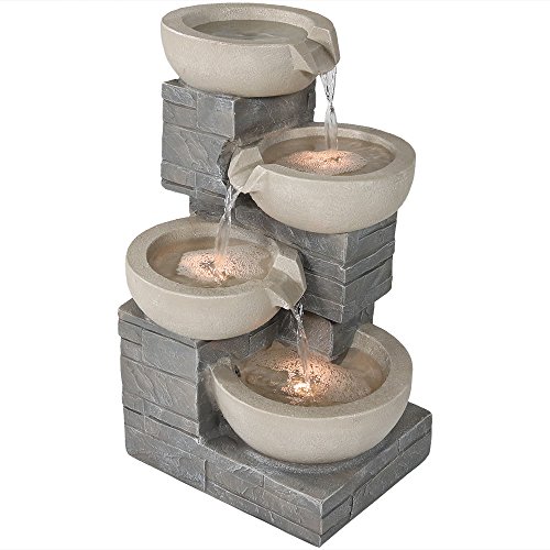 Sunnydaze 4Tier Cascading Stone Bowls Outdoor Water Fountain with LED Lights Garden and Patio Waterfall Feature 22 Inch Tall