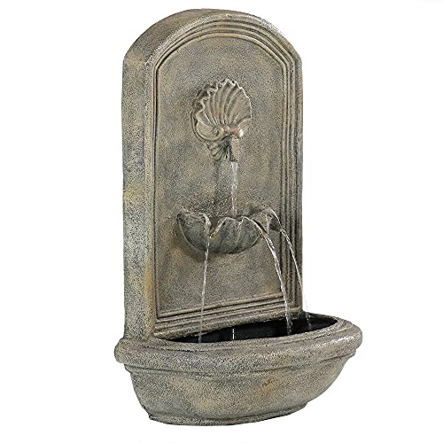 Sunnydaze Seaside Outdoor Wall Water Fountain  Waterfall Wall Mounted Fountain  Backyard Water Feature with Electric Submersible Pump  Limestone Finish  27 Inch