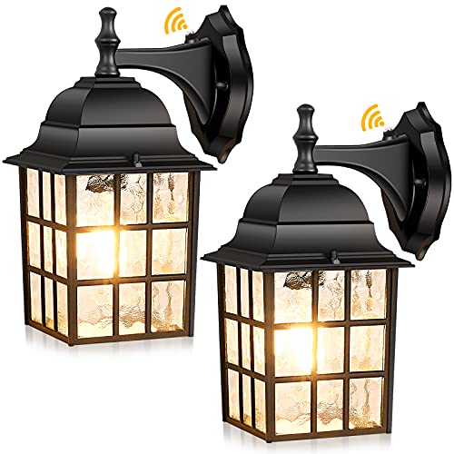 2Pack Dusk to Dawn Outdoor Wall Lantern Exterior Light Fixtures Wall Mount with Photocell Sensor Black Wall Light Waterproof Waterfall Glass Outside Wall Sconce for Porch House Garage