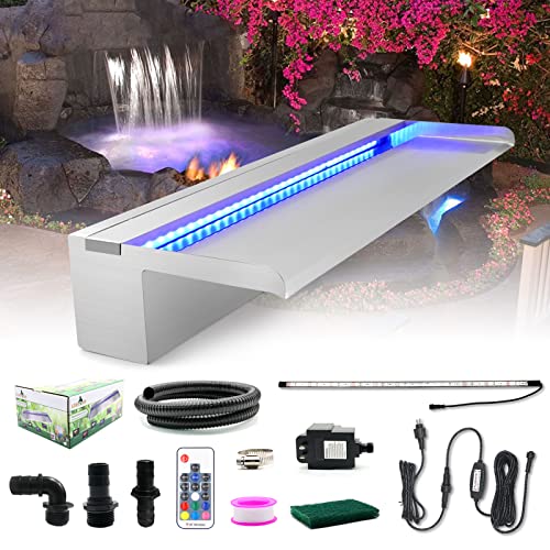 LONGRUN Pool Fountain Stainless Steel Outdoor Pond Spillway Waterfall with Wider Water Flow Platform MultiColor LED Light Spray Indoor Waterfall Fountains for Garden236 x 8 x 394(W x D x H)