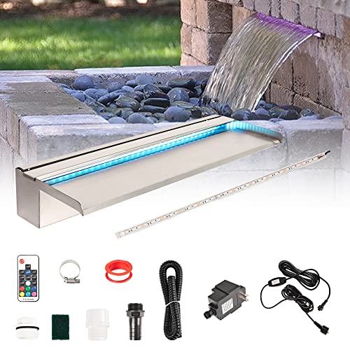 PONDO Pool Waterfall 24 with 7 Colors LED Lights Stainless Steel Pond Fountain Set for Outdoor Decorations Patio Spillway Kit on The Wall for Garden wRemote Easy Installation (2022 Release)