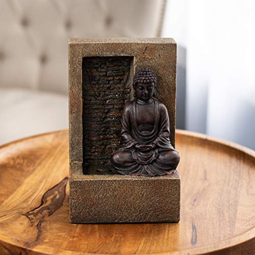 Pure Garden 50LG5070 Tabletop Pump  Tabletop Water FountainSitting Buddha Statue by a Stone Wall Waterfall Electric Pump  Soothing Sounds for Office and Home Decor Natural Sand