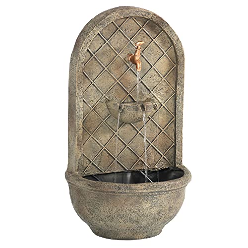 Sunnydaze Messina Outdoor Wall Water Fountain  Waterfall Wall Mounted Fountain  Backyard Water Feature with Electric Submersible Pump  Florentine Stone Finish  26 Inch