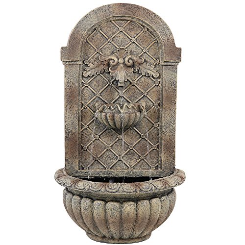 Sunnydaze Venetian Outdoor Wall Water Fountain  Waterfall Wall Mounted Fountain  Backyard Water Feature  Florentine Stone Finish  27 Inch