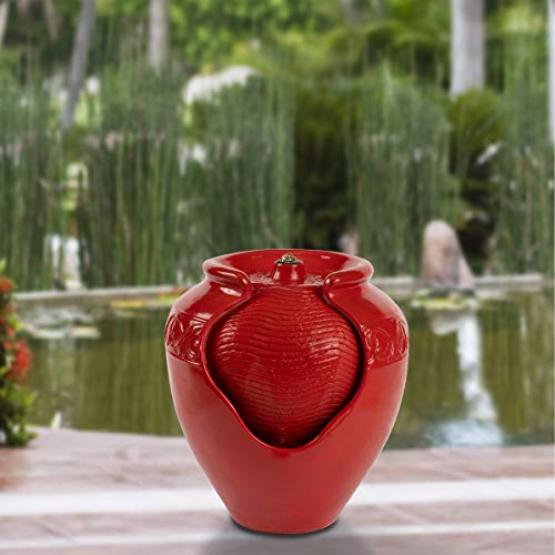 Pure Garden 50LG1185 Jar Fountain  Indoor or Outdoor CeramicLook Glazed Pot Resin Water Feature with Electric Pump and LED Lights (Imperial Red)