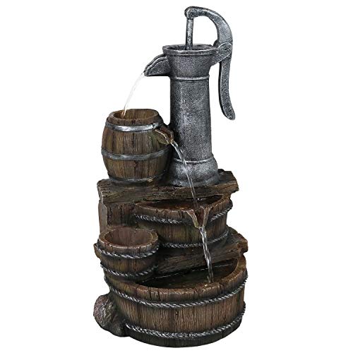 Sunnydaze Cozy Farmhouse Pump and Barrels Outdoor Fountain with LED Lights  Exterior Standing Water Feature  Corded Electric  Ideal for Deck Yard Balcony and Landscaping  23Inch