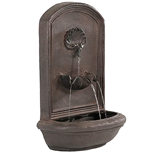 Sunnydaze Seaside Outdoor Wall Water Fountain  Waterfall Wall Mounted Fountain  Backyard Water Feature with Electric Submersible Pump  Iron Finish  27 Inch