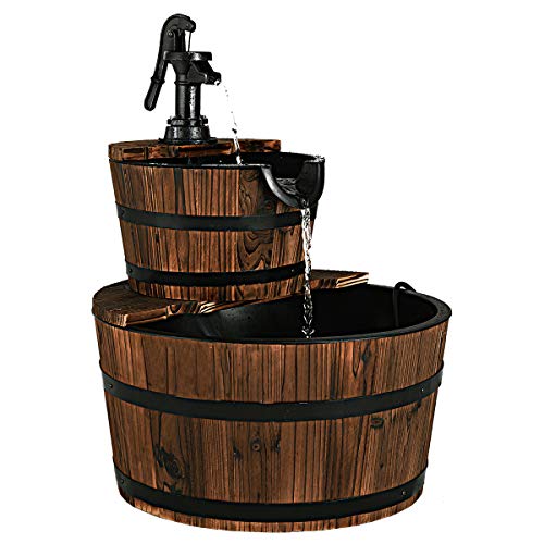 Giantex 2Tier Barrel Waterfall Fountain with Hand Pump Rustic Wood Barrel Cascading Water Fountain for Outdoor Garden Patio Backyard Porch