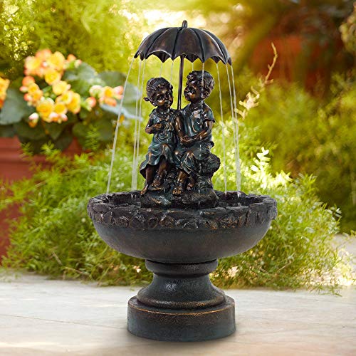 John Timberland Boy and Girl Under Umbrella Outdoor Floor Water Fountain 40 High Copper Green Bronze Resin for Garden Patio Yard Deck Home Lawn Porch House Relaxation Exterior Balcony Roof