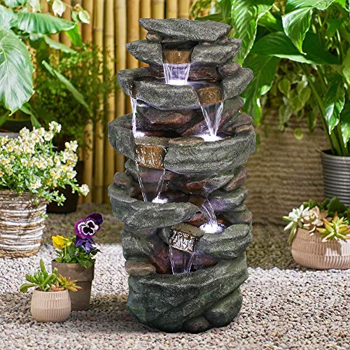 SunJet 405 High Rocks Outdoor Water Fountain  6Tiers Cascading Waterfall with LED Lights Soothing Tranquility for Home Garden Yard Decor
