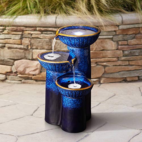 John Timberland 3 Bowl Modern Outdoor Floor Water Fountain with Light LED 26 34 High Cascading Column for Yard Garden Patio Deck