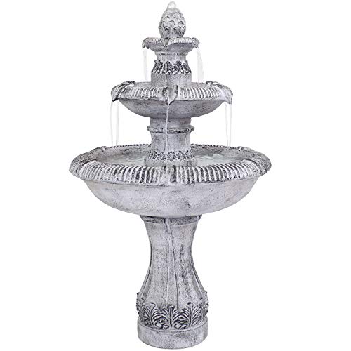 Sunnydaze 3Tier Outdoor Water Fountain  Mediterranean Design  Glass Fiber Reinforced Concrete Construction  Gray  50Inch Tall  Backyard Water Feature for Patio Garden or Yard