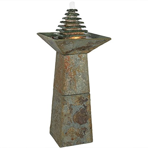 Sunnydaze Layered Slate Pyramid Outdoor Water Fountain  Large Garden  Backyard Waterfall Fountain Feature with LED Light  40 Inch Tall
