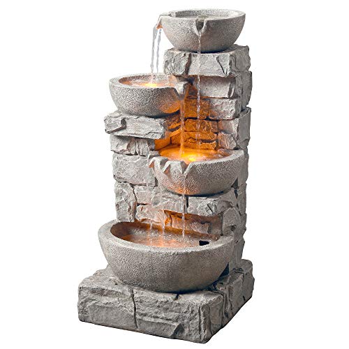Teamson Home 201601PT Peaktop Water 4 Tiered Bowls Floor Stacked Stone Waterfall Fountain with LED Lights and Pump for Outdoor Patio Garden Backyard Decking Décor 33 inch Height Gray 33