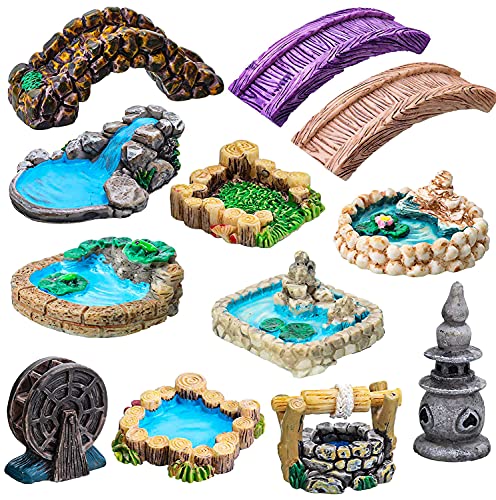 12 PCS Miniature Fairy Garden AccessoriesMiniature Pond Lawn Garden Ornament Figurines Mini Lighthouse Water Well Bridge Figurines Micro Landscape Ornaments for Garden DIY Kit