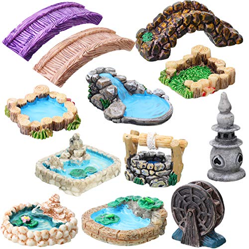 12 Pieces Fairy Garden Accessories Miniature Garden Bridge Figurines Mini Lighthouse Water Well Bridge Figurines Miniature Pond Lawn Garden Ornament Figurines for DIY Craft Garden Decoration