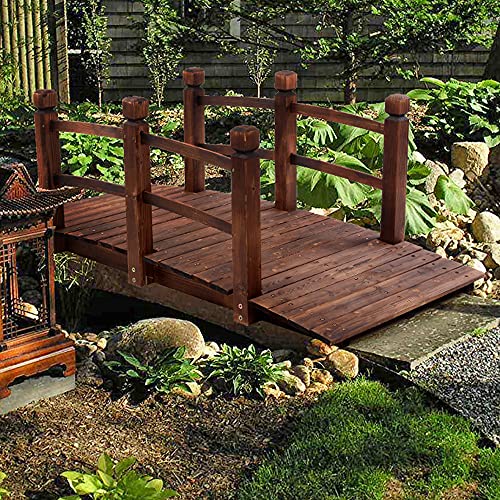 Mihodo 5FT Wooden Arc Garden Bridge with Safety Rails  Wood Arch Footbridge  500LBS Weight Capacity Slatted Walkway Surface  Rustic Decoration for Backyard Pond (Ship from US) Dark Carbonized