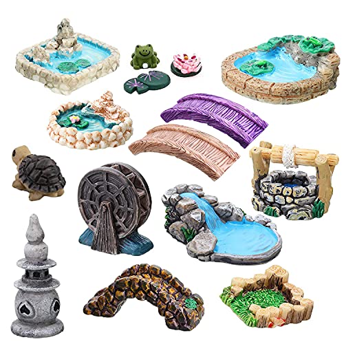 Miniature Fairy Garden Accessories Outdoor  15 Pieces DIY Crafts Kit for Dollhouse Plants Bonsai Decoration Pond Bridge Water Well Figurines Mini Lawn Garden Ornament for Micro Landscape Yard