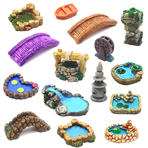 WEBBYBEAR 15 Pieces Fairy Garden Accessories Miniature Garden Bridge Figurines Mini Lighthouse Water Well Miniature Pond for DIY Craft Garden Decoration Zen Garden Accessories