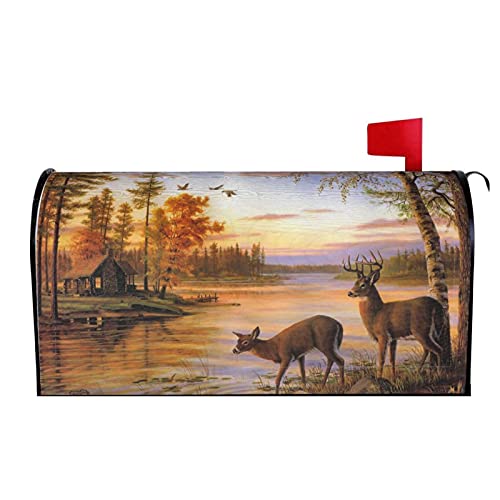 POUKOEY Mailbox Covers Magnetic Peaceful Log Cabin Deer Flying Bird Pattern Waterproof Mailbox Wraps Post Letter Box Cover Standard Size 21 X 255 for Garden Yard Decor