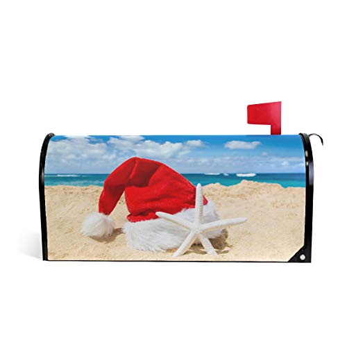 ALAZA Christmas Santa Hat on The Beach with Starfish Magnetic Mailbox Cover Standard Size for Garden Yard Outdoor Decorations18 x 208