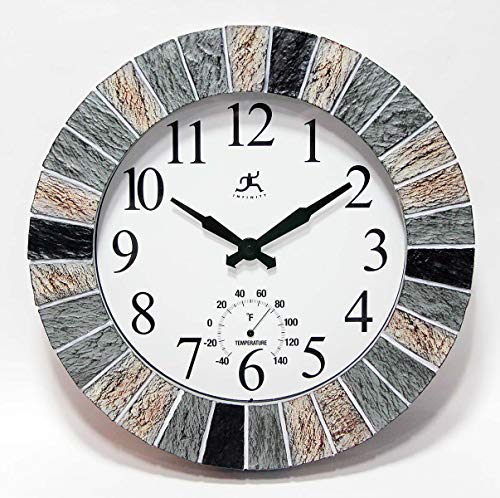 Infinity Instruments Slate 13 inch Outdoor Wall Clock Faux Slate Frame with Builtin Thermometer Combo Waterproof Large Outdoor Clock for Patios Weatherproof Battery Operated Quartz Movement