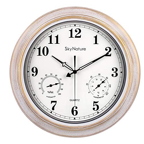 Large Outdoor Clock 18 Inch Waterproof Wall Clock with Thermometer and Hygrometer Combo Silent Battery Operated Indoor Outdoor Clock for Living Room Patio Garden Pool Brush White