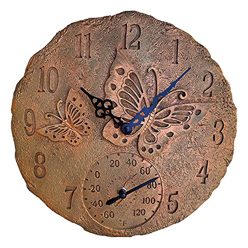 Lilys Home Hanging Wall Clock Includes a Thermometer Ideal for Indoor and Outdoor Use Wonderful Housewarming Gift for Friends or for Any Butterflies Lovers Polyresin