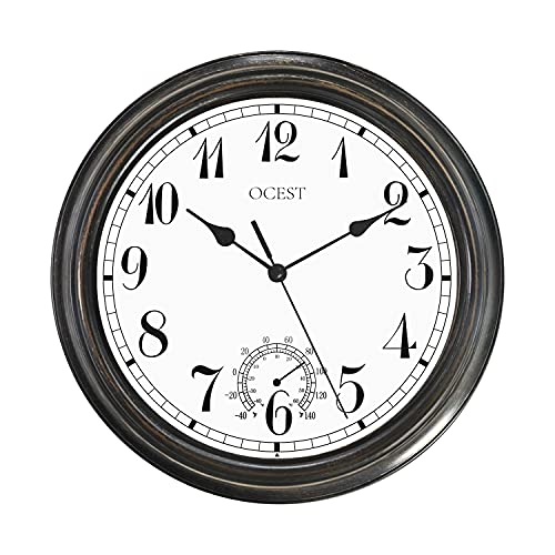 OCEST Large Outdoor Indoor Clock Waterproof Wall Clock with Thermometer WeatherResistant NonTicking Battery Operated Decor Clock for Patio Pool Lanai Fence Porch GardenBathroom (12 Inch)
