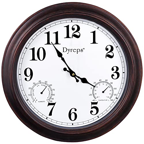 Outdoor Clocks Thermometer Combo  Dyreps 14 Inches Retro Wall Clock Indoor Outdoor Wall Clock with Temperature and Humidity，Battery Operated Non Ticking Reloj de Pared (14inch)