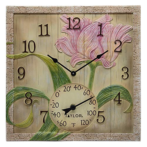 Taylor Precision Products 14 x 14 Poly Resin Beachwood Flower Clock with Thermometer One Size Multicolored