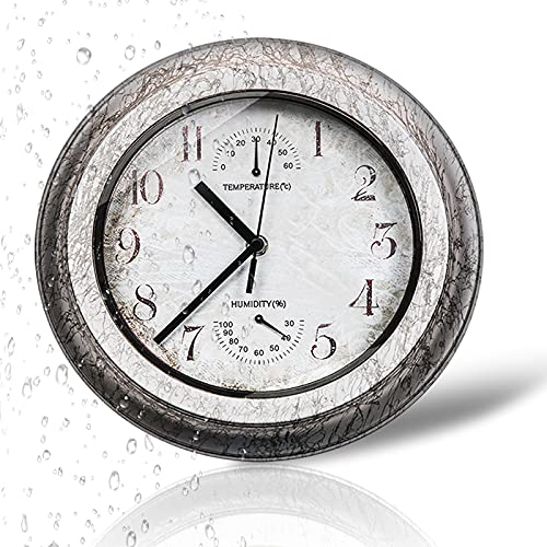 112inch OutdoorIndoor Wall Clock Waterproof Silent Non Ticking Battery Operated Clockwith Thermometer Hygrometer for Patio Garden Pool or Hanging Indoor