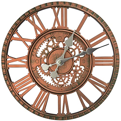 Indoor Outdoor Wall Clock Waterproof IP44 Vintage Antique European Silent Battery Operated Quality Quartz Round Clocks for Patio Home Garden Pool Farmhouse Decor12 Inch (Red CopperRoman Numerals)