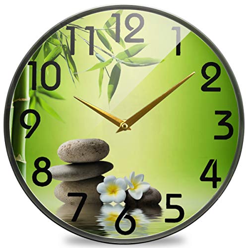 Naanle Spa Bamboo and Stones Water Print Round Wall Clock 95 Inch Silent Battery Operated Quartz Analog Quiet Desk Clock for HomeOfficeSchool