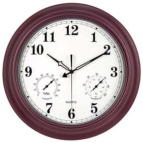 Outdoor Clocks for Patio Large Waterproof with Thermometer Hygrometer Silent Battery Operated Decorative Metal Clock for GardenPoolLanaiFenceBathroom 18 inch  Cherry