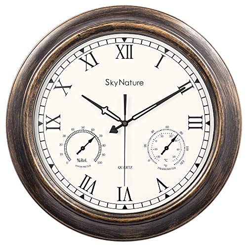 SkyNature Waterproof Outdoor Clock 18 Inch Large Outdoor Clocks with Thermometer  Hygrometer Combo Silent Battery Operated Metal Wall Clock for Living Room Patio Garden Pool Decor  Bronze