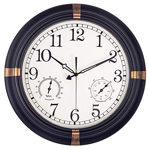 Waterproof Outdoor Clock Large Wall Clocks with Thermometer  Hygrometer Combo Silent Battery Operated Decorative Clock for GardenPatioPoolFenceBathroom Arabic Numerals 18 inch Black Golden