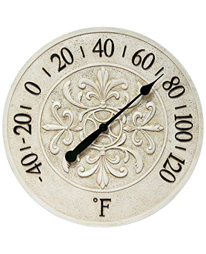 Blanc Fleur 15 inch Decorative Outdoor Thermometer for Garage Patio Backyard Outdoor Wall Fence Outdoor Thermometer Decorative Patio Thermometer Vintage Antique Aged White Ivory Easy to Read