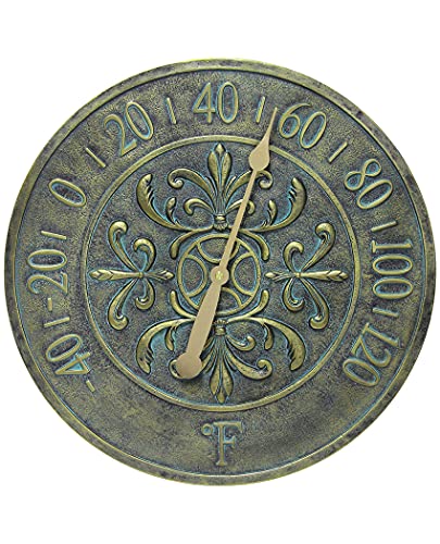 Blanc Fleur Aged Bronze 15 inch Decorative Outdoor Thermometer for Garage Patio Backyard Outdoor Wall Fence Vintage Antique Aged Bronze
