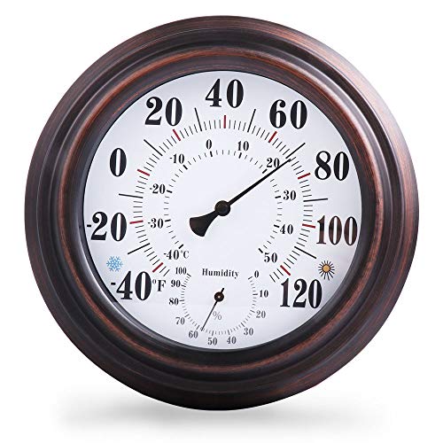 IndoorOutdoor Thermometer Hygrometer For Room Kitchen Patio Wall Metal Decorative No Battery Required Big Hanging Hygrometer Round (8in diameter) Beautiful IndoorOutdoor Thermometer Hygrometer