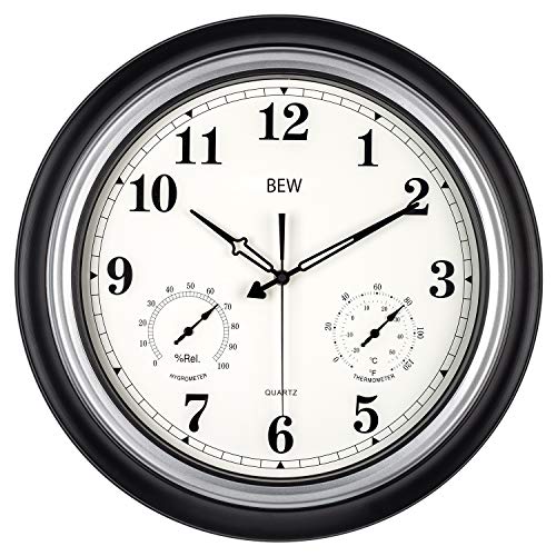 Large Outdoor Clock 18 Inch Thermometer and Hygrometer Combo Wall Clock Waterproof Silent Pool Clock for Patio Fence (BlackSilver)