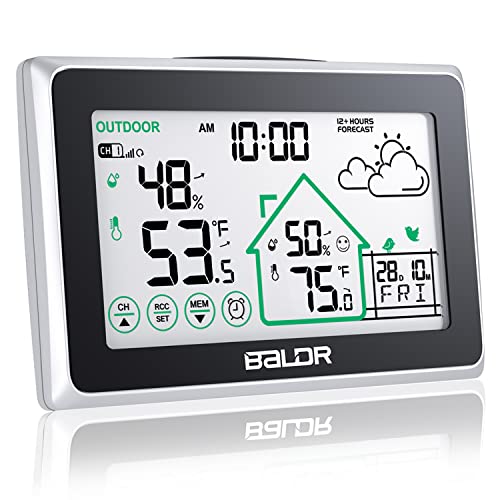BALDR Weather Station Atomic Clock Digital Touch Screen Indoor Outdoor Thermometer Wireless Temperature Humidity Monitor with Backlight and Calendar Home Weather Forecast Station Black