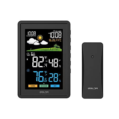 BALDR Weather Station Wireless Indoor Outdoor Thermometer  Color LCD Display Weather Forecast  Atomic Wall Clock  Temperature and Humidity Monitor  Digital Calendar  5 Level Backlight Brightness