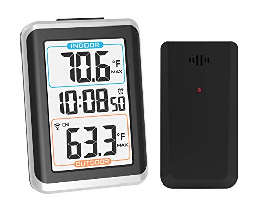 GEEVON Indoor Outdoor Thermometer Wireless Digital Alarm Clock with Backlight Temperature Gauge (1 Remote Temperature Sensor)