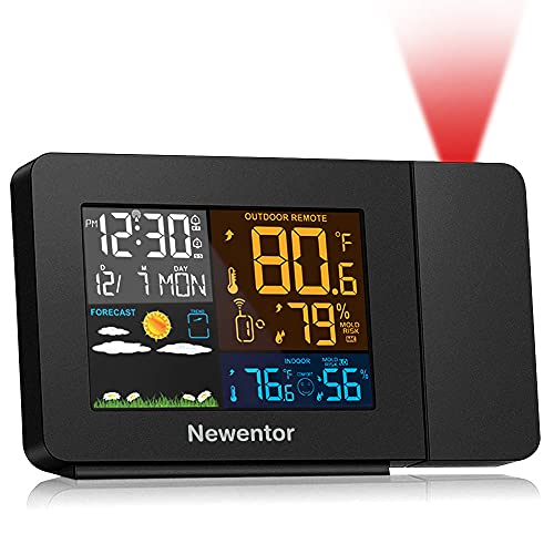 Newentor Atomic Projection Alarm Clock with Weather Station for Bedroom Projector Clocks with WWVB Function Wireless Indoor Outdoor Thermometer Temperature Humidity Monitor for Home