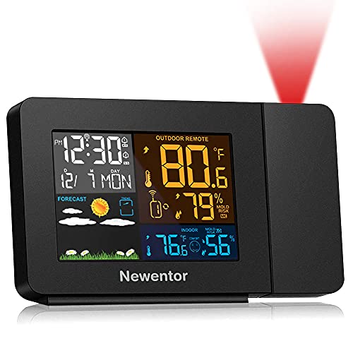 Newentor Atomic Projection Alarm Clock with Weather Station for Bedroom Projector Clocks with WWVB Function Wireless Indoor Outdoor Thermometer Temperature Humidity Monitor for Home